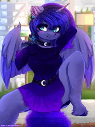 Size: 2025x2700 | Tagged: safe, alternate version, artist:taiweiart, derpibooru import, princess luna, alicorn, anthro, unguligrade anthro, alternate hairstyle, arm behind head, belt, blushing, both cutie marks, clothes, collar, cute, diadem, dock, dress, ear fluff, ear piercing, earring, ethereal mane, female, holding, hooves, image, jewelry, looking at you, lunabetes, piercing, png, regalia, solo, spread legs, spread wings, spreading, starry mane, tail, unshorn fetlocks, watermark, wings