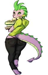 Size: 1234x1920 | Tagged: suggestive, artist:avante92, edit, editor:anonymous, spike, anthro, dragon, ass, blushing, book, butt, butt edit, clothes, dragonbutt, femboy, girly, image, large butt, male, panties, png, signature removal, simple background, solo, solo male, thong, underwear, white background