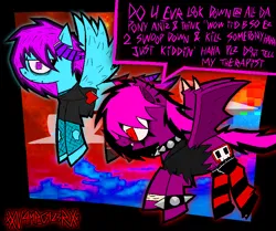 Size: 1730x1446 | Tagged: safe, artist:xxv4mp_g4z3rxx, derpibooru import, oc, oc:laughing gas, oc:violet valium, bat pony, pegasus, pony, bracelet, clothes, collar, dialogue, duo, emo, fangs, fishnets, flying, hospital band, image, magenta mane, mane extentions, piercing, pink eyes, png, red eyes, scene, signature, socks, spiked collar, spiked wristband, striped socks, two toned mane, wristband