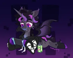 Size: 2386x1888 | Tagged: safe, artist:bishopony, derpibooru import, oc, unofficial characters only, alicorn, bat pony, bat pony alicorn, pony, bat wings, clothes, commission, dexterous hooves, drink, fangs, hoodie, hoof hold, horn, image, lying down, mountain dew, nintendo switch, png, prone, signature, soda can, solo, sploot, wings