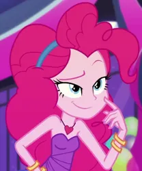 Size: 516x621 | Tagged: safe, derpibooru import, screencap, pinkie pie, equestria girls, equestria girls series, twilight under the stars, spoiler:eqg series (season 2), bare shoulders, bracelet, clothes, dress, eyebrows, finger on cheek, grin, hairband, hand on hip, heart necklace, hmm, image, jewelry, lidded eyes, necklace, png, raised eyebrow, sleeveless, sleeveless dress, smiling, smug, solo, strapless, strapless dress, watching