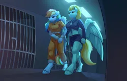 Size: 2930x1876 | Tagged: safe, artist:peachmayflower, derpibooru import, lightning dust, rainbow dash, anthro, unguligrade anthro, belly button, bound wings, chains, clothes, commissioner:rainbowdash69, cuffs, duo, image, jail, jumpsuit, midriff, never doubt rainbowdash69's involvement, officer ld, png, police uniform, prison, prison outfit, prisoner, prisoner rd, shackles, walking, wing cuffs, wings