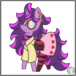 Size: 2000x2000 | Tagged: safe, artist:dice-warwick, derpibooru import, oc, oc:fizzy fusion pop, unofficial characters only, pony, unicorn, bag, beauty mark, choker, clothes, cooler, ear piercing, earring, female, freckles, glasses, heart, heart eyes, highlights, image, jewelry, long mane, long tail, mare, messy mane, piercing, pink dress, png, saddle bag, simple background, socks, solo, stockings, striped socks, tail, thigh highs, transparent background, wingding eyes