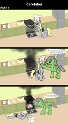 Size: 1920x3516 | Tagged: safe, artist:platinumdrop, derpibooru import, derpy hooves, oc, oc:anon, oc:anon stallion, pegasus, pony, comic:caretaker, 3 panel comic, abuse, angry, baking, batter, bawling, bound wings, bowl, burning, burnt, butt, caretaker, chef's hat, comic, commission, cooking, countertop, crying, derpybuse, dialogue, domestic abuse, egg, eggshell, fear, female, fire, floppy ears, flour, food, happy, hat, i just don't know what went wrong, image, insult, kitchen, male, mare, messy, messy kitchen, mouth hold, muffin, muffin tray, onomatopoeia, ouch, oven, oven mitts, pain, plot, png, rope, sad, scared, scolding, smoke, sound effects, speech, speech bubble, splatter, stallion, stern, talking, tears of pain, wings, wooden spoon, yelling