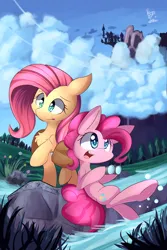 Size: 3600x5400 | Tagged: safe, artist:dshou, artist:kawaiipony2, derpibooru import, fluttershy, pinkie pie, earth pony, pegasus, pony, absurd resolution, binoculars, canterlot, chest fluff, cloud, cute, diapinkes, duo, duo female, eyebrows, female, grass, image, mare, open mouth, open smile, outdoors, png, raised hoof, raised leg, shyabetes, signature, sky, smiling, tree, water