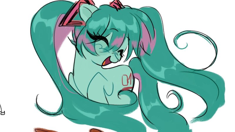 Size: 1500x844 | Tagged: safe, artist:dulcesilly, derpibooru import, earth pony, pony, doodle, eyes closed, female, hatsune miku, image, jpeg, mare, open mouth, simple background, solo, vocaloid, white background