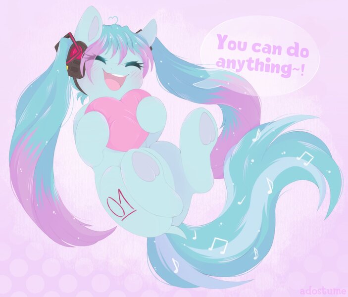 Size: 1864x1590 | Tagged: safe, artist:adostume, derpibooru import, earth pony, pony, blushing, eyes closed, female, hatsune miku, headphones, heart, heart pillow, image, jpeg, mare, music notes, open mouth, pillow, solo, speech bubble, text, vocaloid