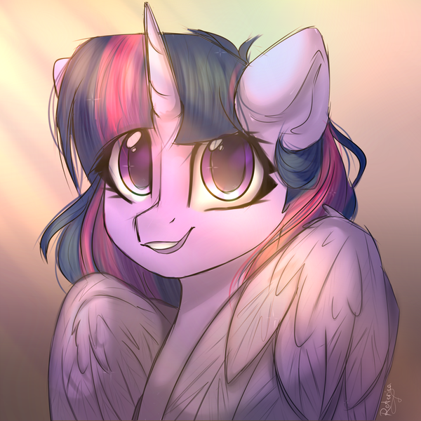 Size: 2000x2000 | Tagged: safe, artist:radioaxi, derpibooru import, twilight sparkle, twilight sparkle (alicorn), alicorn, pony, bust, crepuscular rays, cute, female, high res, horn, image, looking at you, mare, png, portrait, smiling, smiling at you, solo, twiabetes, wings