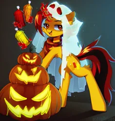 Size: 2159x2291 | Tagged: safe, artist:astraiblues, artist:astralblues, derpibooru import, oc, oc:selest light, unofficial characters only, pony, unicorn, chest fluff, clothes, ear fluff, eyebrows, glow, glowing horn, halloween, high res, holiday, horn, image, jack-o-lantern, leg fluff, levitation, looking at you, magic, open mouth, png, pumpkin, scarf, solo, telekinesis, unicorn oc