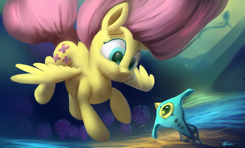 Size: 4300x2600 | Tagged: safe, artist:auroriia, derpibooru import, fluttershy, fish, leviathan, peeper (subnautica), pegasus, pony, bubble, coral, crepuscular rays, digital art, feather, female, flowing mane, flowing tail, green eyes, high res, holding breath, image, mare, ocean, pink mane, pink tail, png, reaper leviathan, signature, solo, spread wings, subnautica, sunlight, swimming, tail, underwater, water, watershy, wings