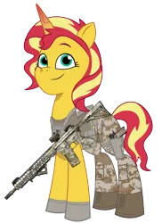 Size: 875x1200 | Tagged: safe, artist:edy_january, artist:prixy05, derpibooru import, edit, vector edit, sunset shimmer, pony, unicorn, g5, my little pony: tell your tale, armor, body armor, call of duty, call of duty: modern warfare 2, camouflage, clothes, equipment, g4, g4 to g5, gears, generation leap, gun, handgun, image, m1911, m4, m4a1, marine, marines, military, military pony, pistol, png, simple background, soldier, soldier pony, solo, special forces, tactical gears, tactical pony, tanktop, transparent background, united states, vector, vest, weapon