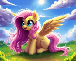 Size: 1536x1228 | Tagged: safe, derpibooru import, editor:nightluna, machine learning generated, stable diffusion, fluttershy, pegasus, pony, ai content, blue sky, cloud, cloudy, cute, day, ear fluff, female, fluffy, generator:purplesmart.ai, grass, happy, image, jpeg, mare, messy mane, messy tail, missing cutie mark, open mouth, open smile, outdoors, prompter:nightluna, shyabetes, sitting, sky, smiling, solo, sun, tail
