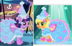 Size: 2489x1596 | Tagged: safe, derpibooru import, applejack, twilight sparkle, twilight sparkle (alicorn), alicorn, earth pony, pony, bow, clothes, dress, ear piercing, flower, flower in hair, froufrou glittery lacy outfit, hat, hennin, image, jewelry, jpeg, necklace, piercing, princess, princess applejack