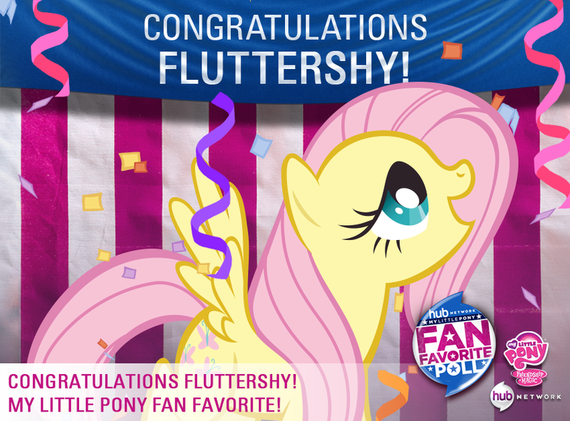 Size: 850x628 | Tagged: dead source, safe, derpibooru import, official, fluttershy, pegasus, pony, 2013, announcement, artifact, best pony, confetti, fan favorite, fan favorite poll, female, image, mare, nostalgia, open mouth, png, pony history, solo, spread wings, text, the hub, wings