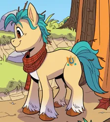 Size: 673x750 | Tagged: safe, artist:lightningstar1389, derpibooru import, idw, hitch trailblazer, earth pony, pony, g5, spoiler:comic, spoiler:endless summer, spoiler:g5comic, spoiler:g5comicendlesssummer, clothes, coat markings, cropped, idw endless summer, image, jpeg, male, scarf, socks (coat marking), solo, stallion, unshorn fetlocks