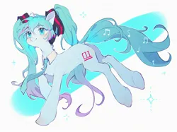 Size: 2133x1594 | Tagged: safe, artist:leafywind, derpibooru import, kotobukiya, ponified, earth pony, pony, anime, hatsune miku, headphones, image, jpeg, kotobukiya hatsune miku pony, necktie, solo, vocaloid