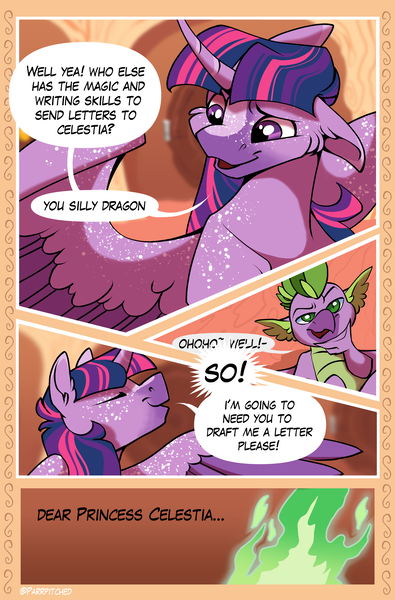 Size: 2064x3132 | Tagged: safe, derpibooru import, spike, twilight sparkle, twilight sparkle (alicorn), alicorn, comic:special talent initiative, comic, golden oaks library, image, library, png, redesign, reimagining