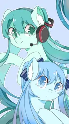 Size: 500x889 | Tagged: dead source, safe, artist:白羽夜咕咕叽, derpibooru import, ponified, earth pony, pony, anime, bow, female, hair bow, hatsune miku, headset, image, jpeg, mare, vocaloid