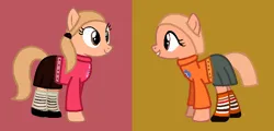 Size: 787x379 | Tagged: safe, artist:fantasygirls56, derpibooru import, earth pony, pony, best friends, brooklyn borgquist, clothes, dress, duo, female, foofa, friends, g4, gold background, image, mare, naomi rossiter, pink background, png, ponytails, shoes, simple background, skirt, socks, striped socks, sweater, toodee, yo gabba gabba!
