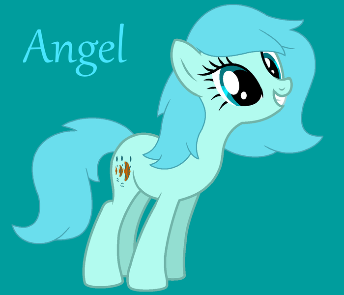 Size: 1566x1342 | Tagged: safe, artist:jigglewiggleinthepigglywiggle, derpibooru import, angel (g1), earth pony, pony, g1, base used, blue hair, blue mane, blue tail, blue text, cute, female, full body, g1 angelbetes, g1 to g4, g4, generation leap, grin, image, mare, png, simple background, smiling, solo, straight hair, straight mane, straight tail, tail, teal background, teal eyes, text