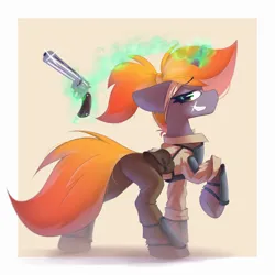 Size: 3000x3000 | Tagged: safe, artist:o0o-bittersweet-o0o, derpibooru import, oc, oc:phlogiston, pony, unicorn, fallout equestria, armor, bag, clothes, formal wear, gun, handgun, image, looking at you, magic, male, pants, png, ponytail, raider, revolver, shirt, simple background, smiling, smug, standing, weapon
