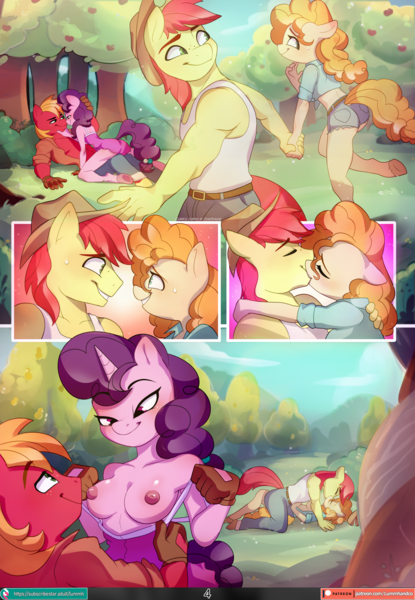 Size: 1555x2250 | Tagged: questionable, artist:chocokangoo, artist:lummh, artist:tomi_ouo, derpibooru import, big macintosh, bright mac, pear butter, sugar belle, anthro, earth pony, unguligrade anthro, unicorn, comic:lovely pear, apple, apple tree, breasts, brightbutter, clothes, comic, commissioner:dualreason, echoes, female, food, image, intertwined trees, kissing, laughing, looking at each other, looking at someone, looking up, male, pear, pear tree, playful, playing, png, shipping, shirt, shirt lift, smiling, smiling at each other, straight, sugarmac, tree
