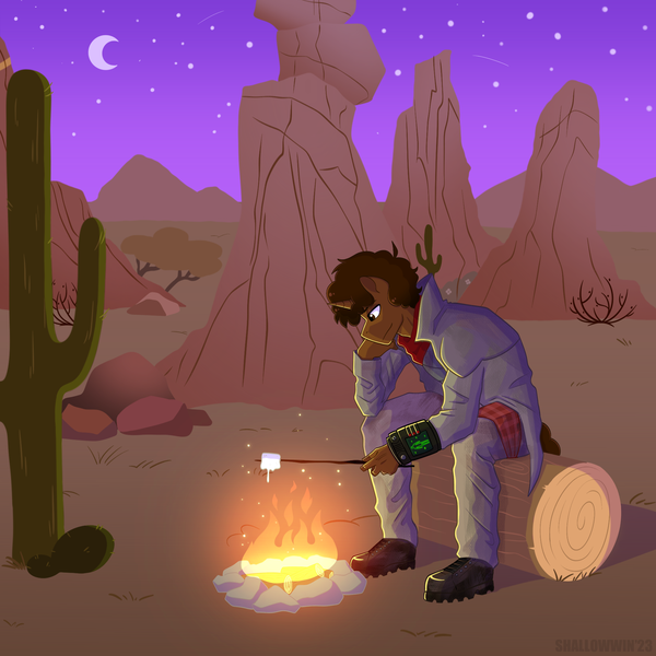 Size: 2048x2048 | Tagged: safe, artist:shallowwin, derpibooru import, oc, unofficial characters only, anthro, unicorn, anthro oc, background, cactus, campfire, commission, desert, fire, image, moon, night, png, s'mores, shooting star, solo, stars, technology, wasteland