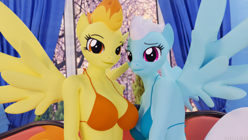 Size: 5760x3240 | Tagged: questionable, artist:hunterz263, derpibooru import, fleetfoot, spitfire, anthro, plantigrade anthro, art pack:equestria bikini club, 3d, 5k, bikini, bikini top, blender, breasts, cherry blossoms, cleavage, clothes, flower, flower blossom, image, indoors, looking at you, not sfm, png, swimsuit, wings