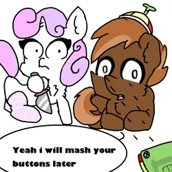 Size: 4096x4096 | Tagged: semi-grimdark, suggestive, artist:sweetsterty, derpibooru import, button mash, sweetie belle, earth pony, pony, unicorn, buttonbetes, cheating, cheek fluff, chest fluff, clothes, colt, cute, female, filly, foal, game boy, image, imminent sex, knife, male, png, raised tail, shipping, shrunken pupils, simple background, sitting, socks, straight, sweetiemash, tail, this will end in death, white background, yandere