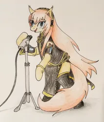 Size: 2352x2756 | Tagged: safe, artist:40kponyguy, derpibooru import, ponified, earth pony, pony, anime, bipedal, clothes, derpibooru exclusive, ear fluff, female, image, jpeg, looking at you, mare, megurine luka, microphone, side slit, simple background, skirt, solo, traditional art, vocaloid, zettai ryouiki