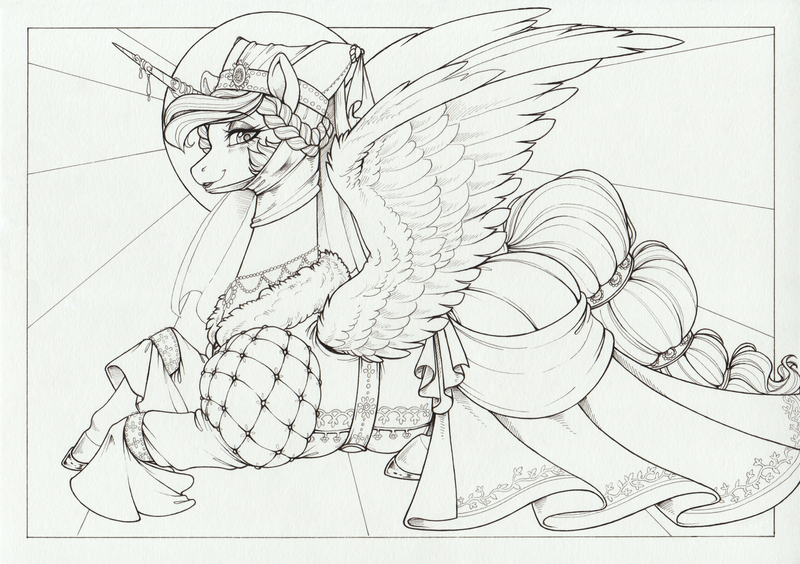 Size: 3500x2466 | Tagged: safe, artist:longinius, derpibooru import, princess celestia, alicorn, abstract background, alternate hairstyle, blushing, braid, clothes, dress, gown, headdress, horn, horn ring, image, jewelry, medieval, monochrome, png, ring, traditional art