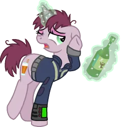 Size: 748x785 | Tagged: safe, artist:starryoak, derpibooru import, oc, oc:littlepip's mother, unofficial characters only, pony, unicorn, fallout equestria, bottle, cider, clothes, drunk, female, image, jumpsuit, magic, mare, pipbuck, png, raised hoof, simple background, solo, telekinesis, transparent background, vault suit