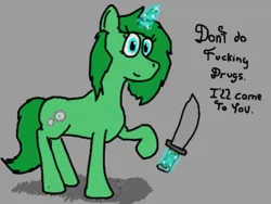 Size: 745x560 | Tagged: safe, artist:maxentheweasel, derpibooru import, oc, oc:sparkling cogs, unicorn, image, knife, png, solo, text