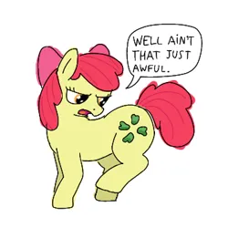 Size: 350x350 | Tagged: safe, artist:hach, apple bloom, earth pony, pony, 4chan, angry, apple bloom's bow, bow, cutie mark, furrowed brow, hair bow, image, looking back, open mouth, png, raised hoof, simple background, solo, speech bubble, upset, white background
