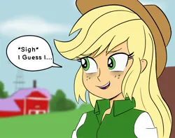 Size: 1700x1340 | Tagged: safe, artist:glim_gg, derpibooru import, applejack, human, equestria girls, female, image, jpeg, looking away, smiling, speech bubble, talking to viewer