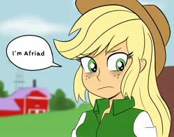 Size: 1700x1340 | Tagged: safe, artist:glim_gg, derpibooru import, applejack, human, equestria girls, female, image, jpeg, scared, speech bubble, talking to viewer