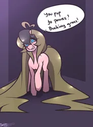 Size: 936x1280 | Tagged: suggestive, artist:da3rd, derpibooru import, oc, oc:rozzy, pony, blue eyes, brown mane, image, jpeg, kinkshaming, long hair, long mane, long tail, looking at you, multicolored hair, multicolored mane, shaming, smiling, solo, tail, talking to viewer