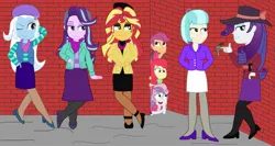 Size: 1823x968 | Tagged: safe, artist:robukun, derpibooru import, apple bloom, coco pommel, rarity, scootaloo, starlight glimmer, sunset shimmer, sweetie belle, trixie, human, equestria girls, clothes, cutie mark crusaders, detective, detective rarity, gun, humanized, image, jpeg, weapon