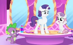 Size: 1280x795 | Tagged: safe, artist:lizzmcclin, derpibooru import, rarity, spike, sweetie belle, dragon, pony, unicorn, alternate hairstyle, alternate tailstyle, brush, carousel boutique, cute, diasweetes, female, filly, foal, hairbrush, image, male, mare, mirror, png, tail