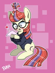 Size: 1331x1767 | Tagged: safe, artist:banquo0, derpibooru import, moondancer, pony, unicorn, blushing, clothes, female, glasses, image, open mouth, png, sitting, solo, sweater