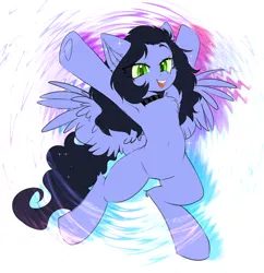 Size: 1846x1905 | Tagged: safe, artist:thieftea, derpibooru import, oc, oc:skiu, pegasus, pony, abstract background, armpits, green eyes, happy, image, png, smiling, solo, spread wings, wings