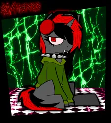 Size: 1856x2052 | Tagged: safe, artist:xxv4mp_g4z3rxx, derpibooru import, oc, unofficial characters only, pony, unicorn, clothes, collar, commission, fangs, headphones, hoodie, image, png, red eyes, sitting, solo, spiked collar, tail, two toned mane, two toned tail