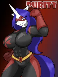 Size: 1492x1996 | Tagged: suggestive, artist:tinker-tock, derpibooru import, oc, oc:purity dewinter, unofficial characters only, anthro, unicorn, abs, bicep, bodysuit, breasts, busty oc, clothes, domino mask, female, flexing, gloves, image, mask, muscles, muscular female, pinup, png, pose, simple background, skintight clothes, smiling, solo, solo female