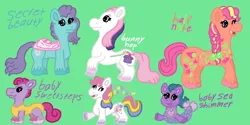 Size: 3000x1500 | Tagged: safe, artist:mintwhistle, derpibooru import, baby sea shimmer, baby starbow, bunny hop, half note (g1), earth pony, mermaid, merpony, pony, g1, baby, baby ballerina ponies, baby pony, baby sweetsteps, ballerina, ballet slippers, blank flank, bow, cape, clothes, colored hooves, eyes closed, eyeshadow, fancy mermaid ponies, female, filly, foal, green background, group, hair bow, happy, image, leotard, makeup, mare, medibang paint, multicolored hair, not sunny starscout, one eye closed, open mouth, open smile, png, pocket, precious pocket ponies, purple eyeshadow, rainbow baby ponies, rainbow hair, rainbow tail, raised hoof, rockin' beat ponies, secret beauty, secret surprise ponies, sextet, simple background, smiling, tail, unshorn fetlocks, wink