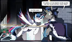 Size: 2553x1493 | Tagged: safe, artist:fan_silversol, derpibooru import, king sombra, oc, oc:lucent starscape, alicorn, pony, unicorn, alicorn oc, cape, clothes, dialogue, good king sombra, horn, image, lightning, looking at each other, looking at someone, male, png, raised hoof, staff, stallion, teleportation, wings