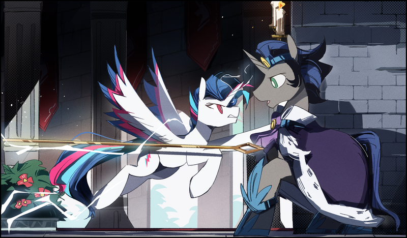 Size: 2553x1493 | Tagged: safe, artist:fan_silversol, derpibooru import, king sombra, oc, oc:lucent starscape, alicorn, pony, unicorn, alicorn oc, cape, clothes, flying, good king sombra, horn, image, lightning, looking at each other, looking at someone, male, png, raised hoof, staff, stallion, teleportation, wings