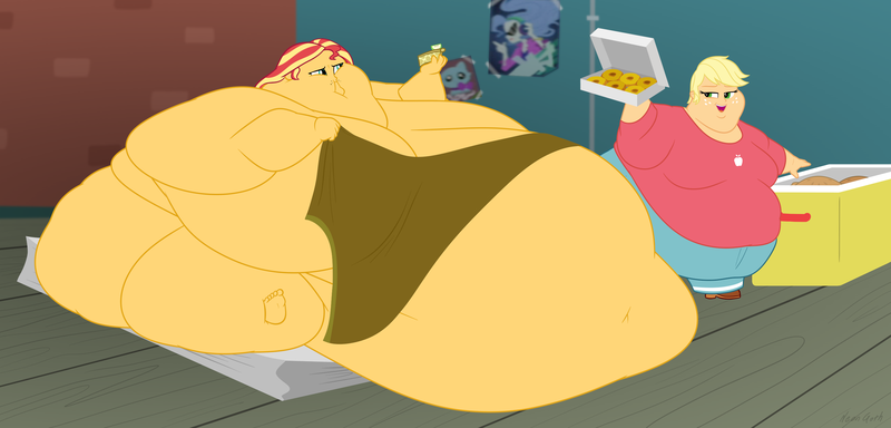 Size: 3000x1440 | Tagged: questionable, artist:neongothic, derpibooru import, applejack, sunset shimmer, equestria girls, amplejack, applefat, bbw, belly, big belly, bingo wings, breasts, chubby cheeks, donut, double chin, fat, fat ass, fat boobs, fat fetish, fetish, food, image, immobile, impossibly large everything, morbidly obese, obese, pie, png, rolls of fat, slobset shimmer, ssbbw, thighs, thunder thighs, weight gain