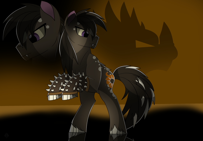 Size: 3200x2220 | Tagged: safe, derpibooru import, ponified, earth pony, kaiju, kaiju pony, pony, fanfic:the bridge, anguirus, fanfic art, image, male, orange background, png, pose, serious, shadow, simple background, solo, stallion