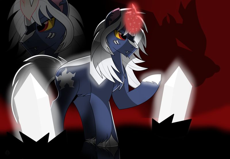 Size: 3200x2220 | Tagged: safe, derpibooru import, ponified, kaiju, kaiju pony, pony, unicorn, artificial horn, augmented, colored sclera, crystal, fanfic art, horn, image, magic, magic horn, male, multiple horns, png, red background, serious, shadow, simple background, solo, spacegodzilla, stallion, tricorn, xenilla, yellow sclera