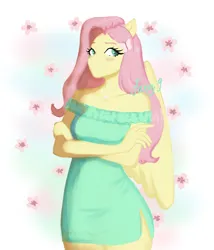 Size: 3000x3500 | Tagged: safe, artist:foxey9, derpibooru import, fluttershy, anthro, pegasus, blushing, clothes, crossed arms, cutie mark accessory, cutie mark hair accessory, dress, female, flower, hair accessory, image, jpeg, shoulderless, simple background, solo